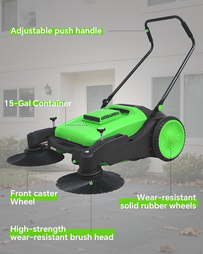 41" Walk-Behind Hand Push Floor Sweeper, 15 Gal Large Capacity, Folding Handle - Image 6