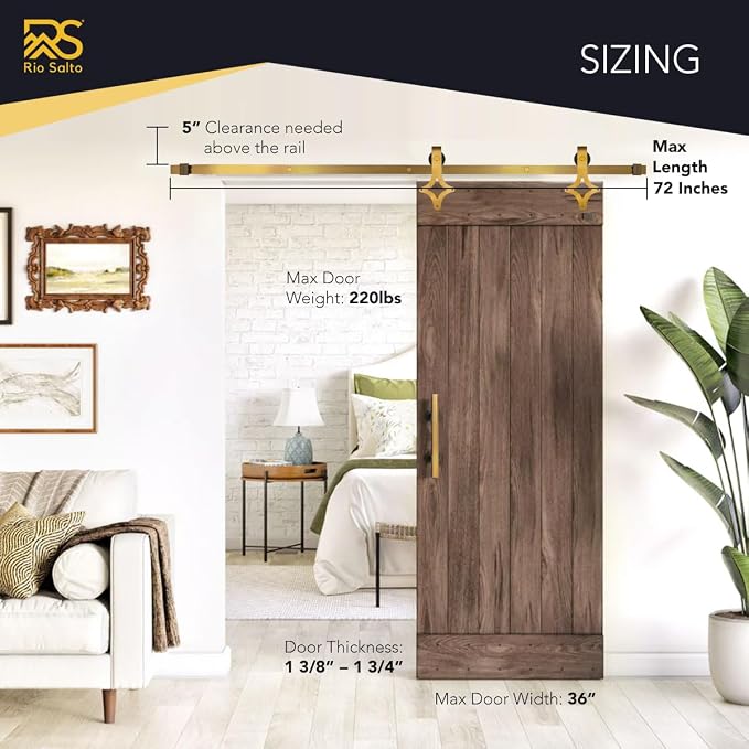 Rio Salto Gold Barn Door Hardware Kit 72" Adjustable Length 6FT Track, Diamond - Image 2