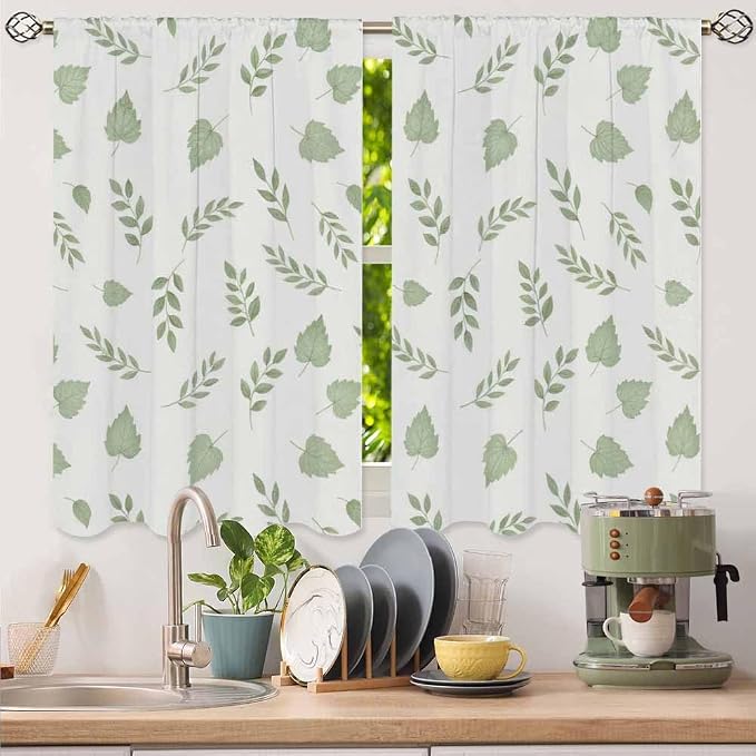 Green Botanical Kitchen Curtains Watercolor Green Leaves and Branches Nature - Image 5