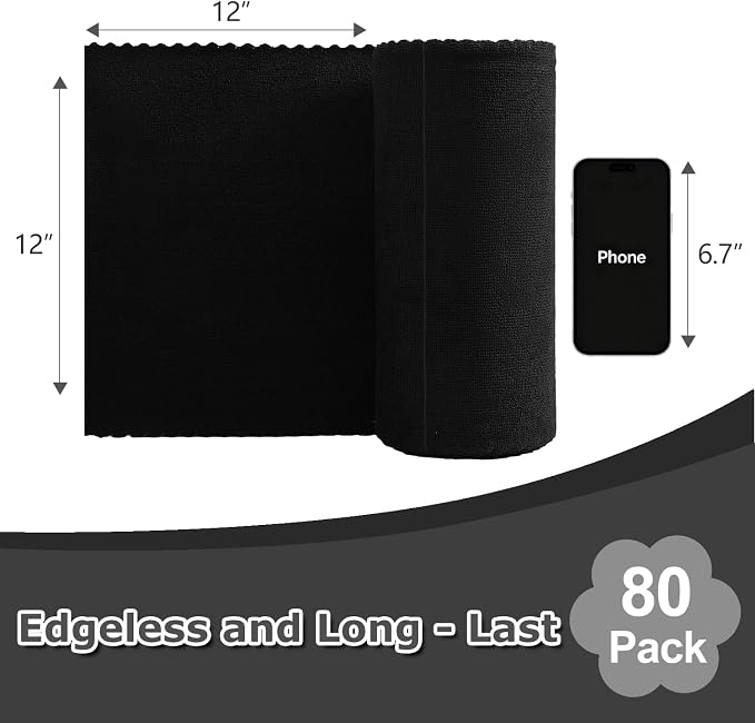 80 Pack Microfiber Cleaning Cloth Roll Reusable Paper Towels 12"x12" Black Tear - Image 2