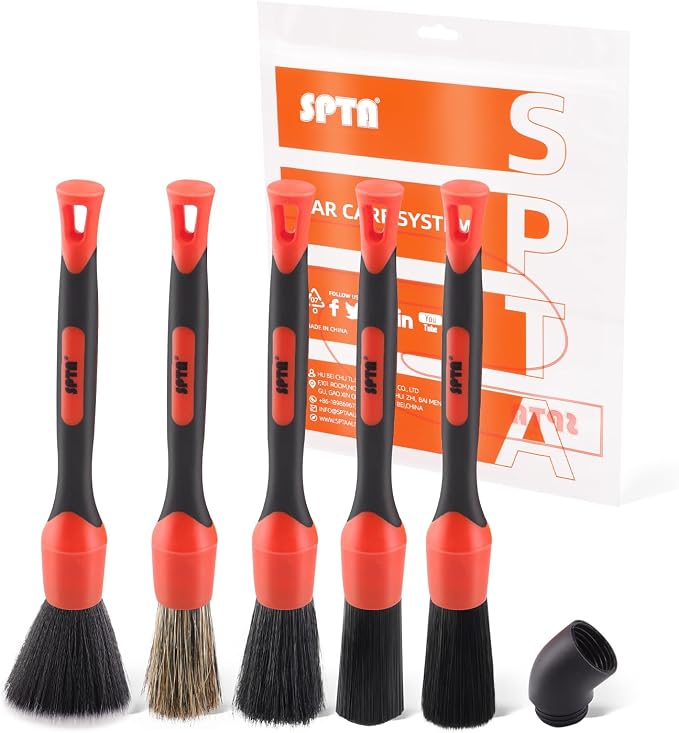 SPTA Car Detailing Brush Set, 5 Pack Soft Boar Hair Auto Detail Brush Kit by SPTA