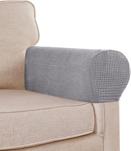 Spandex Jacquard Arm Covers for Chairs and Sofas - Anti-Slip Couch Armrest Protectors, Set of 2, Light Grey