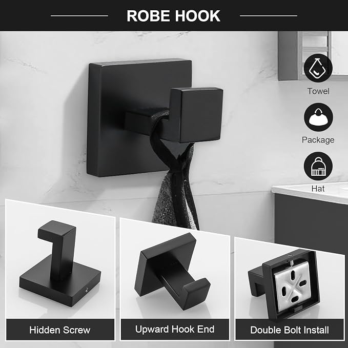 TQKAG 6-Piece Bathroom Towel Bar Sets Matte Black 23.6 inch Towel Bar Stainless - Image 3