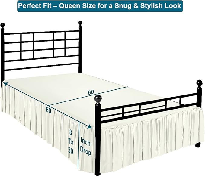 Shreem Linen Ruffled Bed Skirt with Split Corners, Gathered Style, 100% Microfiber, 28-Inch Drop, Dust Ruffle Bedskirt with Platform, Queen, Ivory