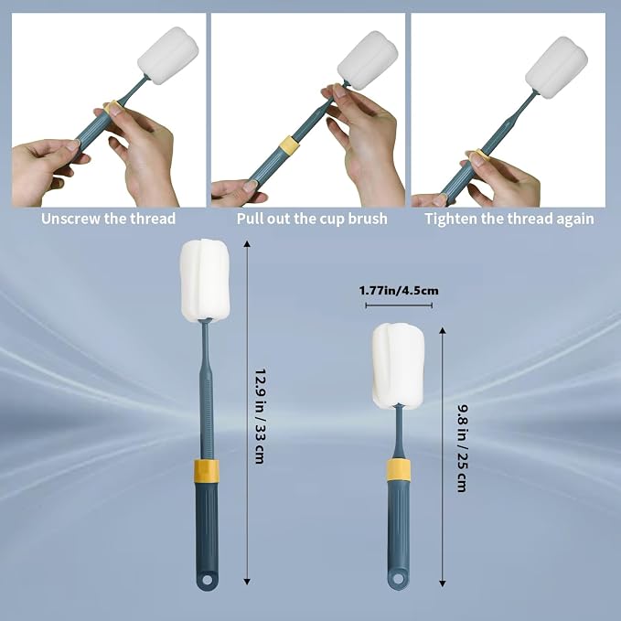 Sponge Bottle Brushes Adjustable Long Handle Up to 12.9” High Density Foam - Image 4