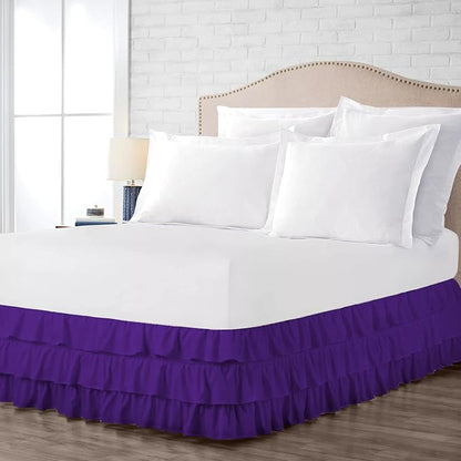 Multi-Ruffle Bed Skirt, Soft Multi Elastic Dust Ruffles with Wrap Around Bed Skirt Easy Fit with 18 Inch Drop 100% Cotton 800 Thread Count (Short Queen, Purple)