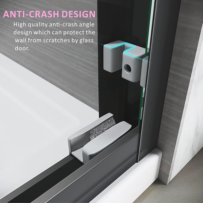 Shower Doors Glass Sliding 60 inches, 56-60'' W x 72''H Matte Black Semi - Image 8