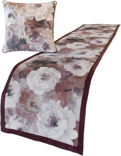 The HomeCentric King/Queen/Twin Purple Decorative Full 68"x18" Bed Runner with Two Pillow Cover, Floral, Roses, Bead Embroidery & Handmade Bed Scarf on Jacquard Fabric - Wood Rose