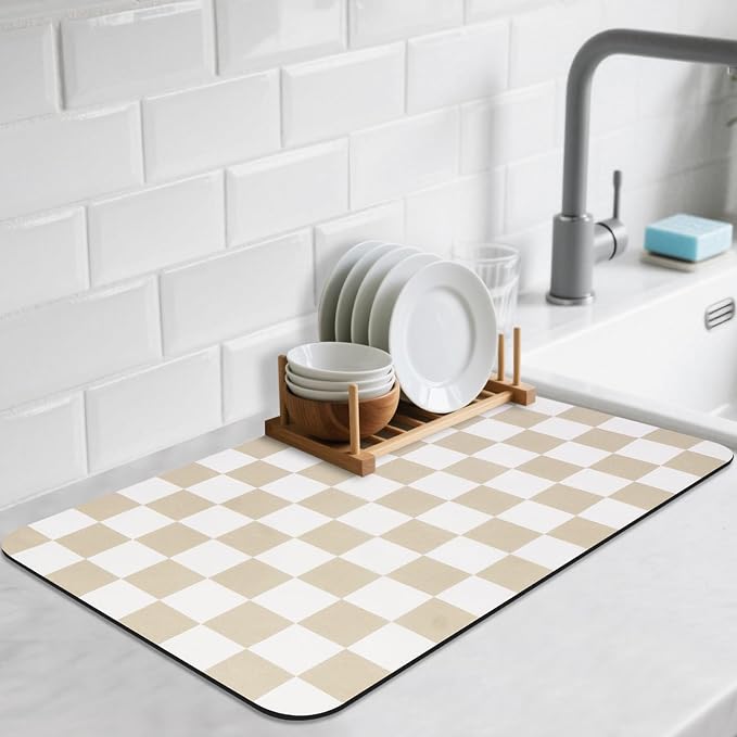 Checkered Dish Drying Mat for Kitchen Counter, Absorbent Non-Slip Coffee Mat by CooRug