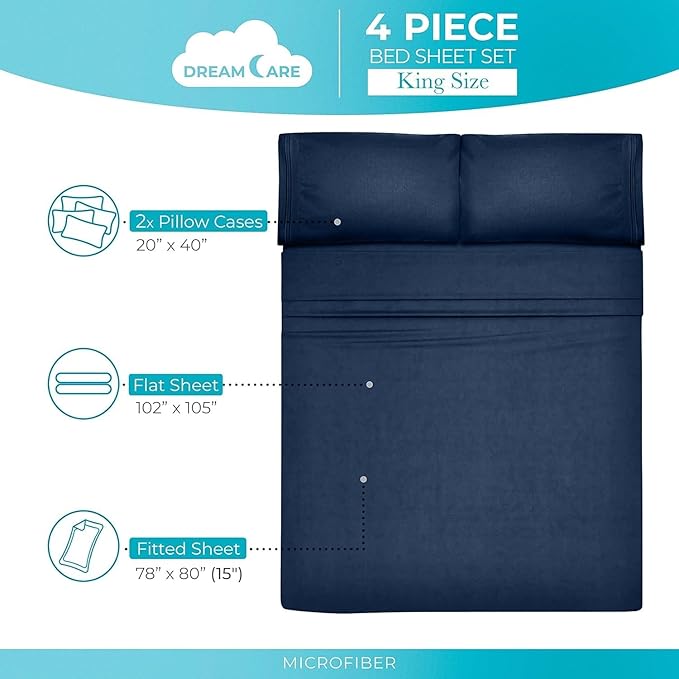 DREAMCARE King Size Sheets Set - Cooling Bed Sheets - 4pcs Set - up to 15" Deep Pocket King Sheet Set – Soft & Long Lasting Cooling - 100% Fine Brushed Polyester with Side Pocket - Navy Blue