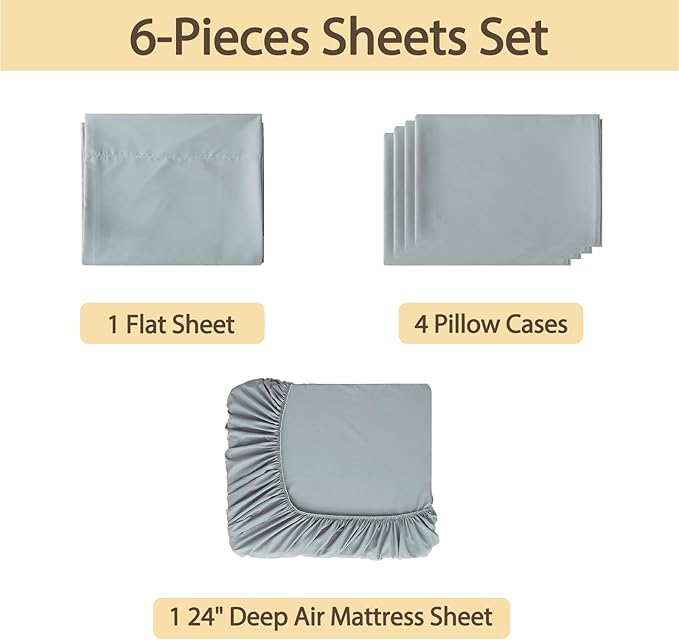 Air Mattress Sheet Set Full Size,6 Piece Deep Pocket Bed Sheet Set for 16-24 Inch Air Bed,Easy Inflate Access,Perfect for Guest Room, RV, Camping,Gray