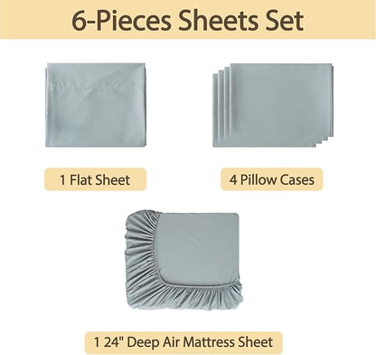 Air Mattress Sheet Set Full Size,6 Piece Deep Pocket Bed Sheet Set for 16-24 Inch Air Bed,Easy Inflate Access,Perfect for Guest Room, RV, Camping,Gray