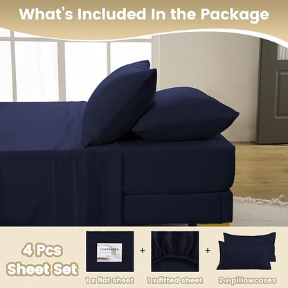 California King Sheet Set Deep Pocket - 4 Piece Silky Soft Breathable Bed Sheet & Pillowcase Set, Hotel Luxury Wrinkle Free Cooling Bedding Sheets Cal King Size, Dark Blue