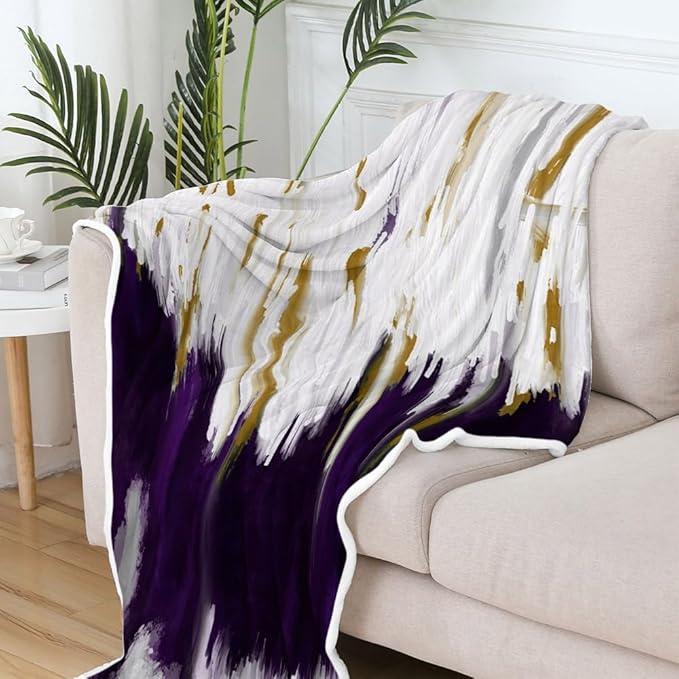 Abstract Ombre Throw Blankets, Modren Chic Art Oil Painting Cozy Warm Bed Couch Blanket, Purple Gold White Fleece Flannel Throws to Decorate The Room and Bedroom