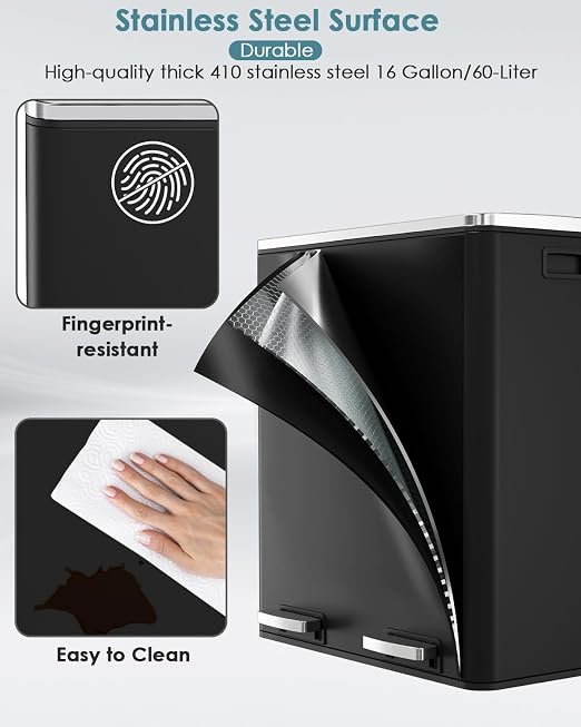 AthLike 60L Dual Trash Can, Stainless Steel Kitchen Garbage Can, Double - Image 4