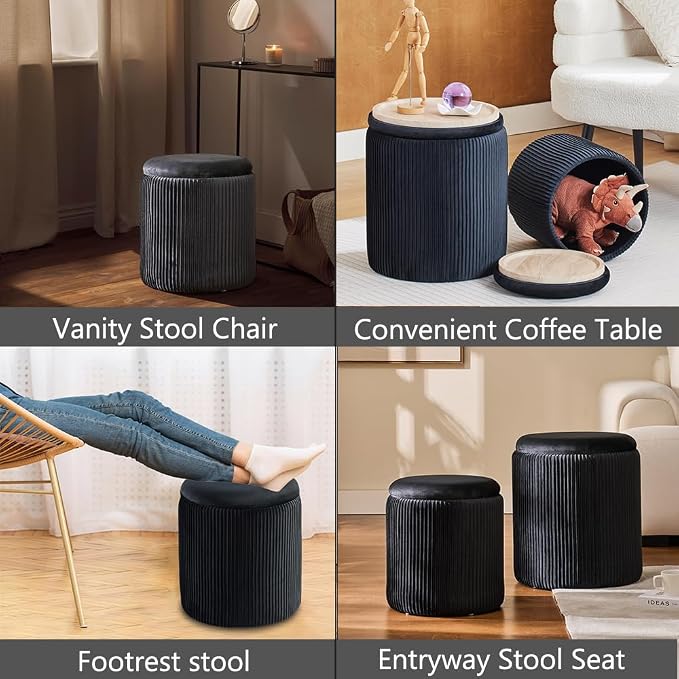Round Ottoman with Storage Set of 2-Upholstered Velvet Vanity Stool - Image 4