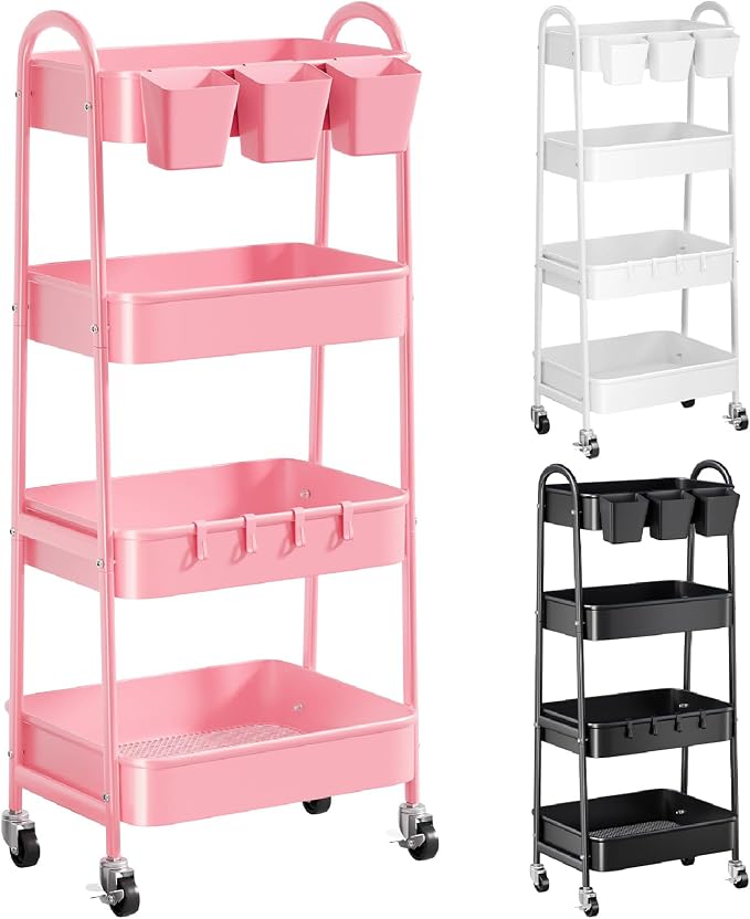 4 Tier Rolling Cart Metal with Lockable Wheels, Four Tiered Pink Trolley Cart by Recximi