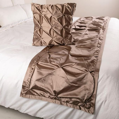 The HomeCentric Beige Bed Runner, Twin Size 53"x18" Decorative Bed Runner with 2 Matching Pillow Cover, Beige Satin Bed Scarf in Pintucks - Satin Ballet Swirl