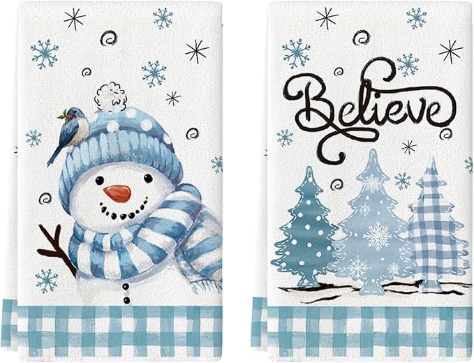 Artoid Mode Beige Blue Xmas Tree Snowman Christmas Kitchen Towels Dish Towels by ArtoidMode
