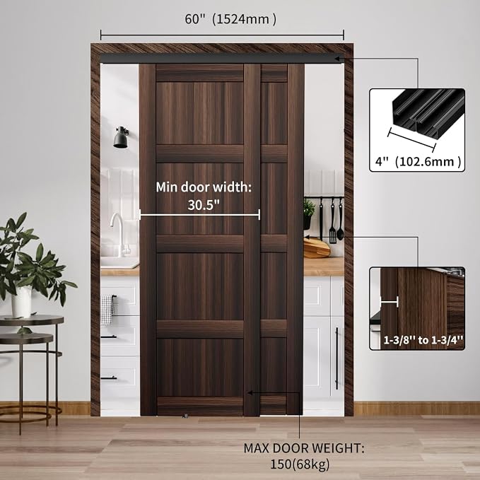 Heavy Duty Bypass Sliding Closet Door Track Hardware 60", 5FT Aluminium Pocket - Image 3
