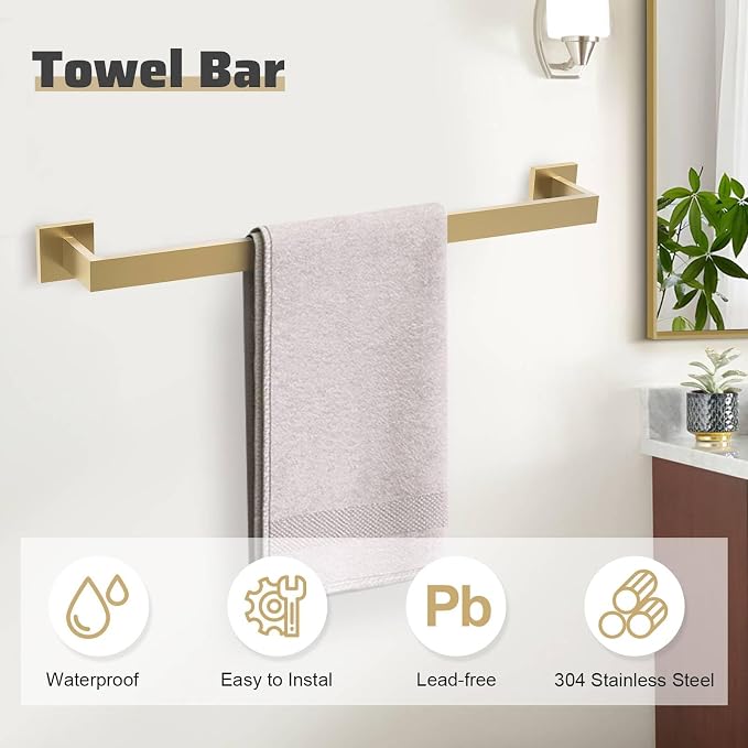 TNOMS 5-Piece Towel Bar Set Brushed Gold Bathroom Hardware Accessories Set - Image 3