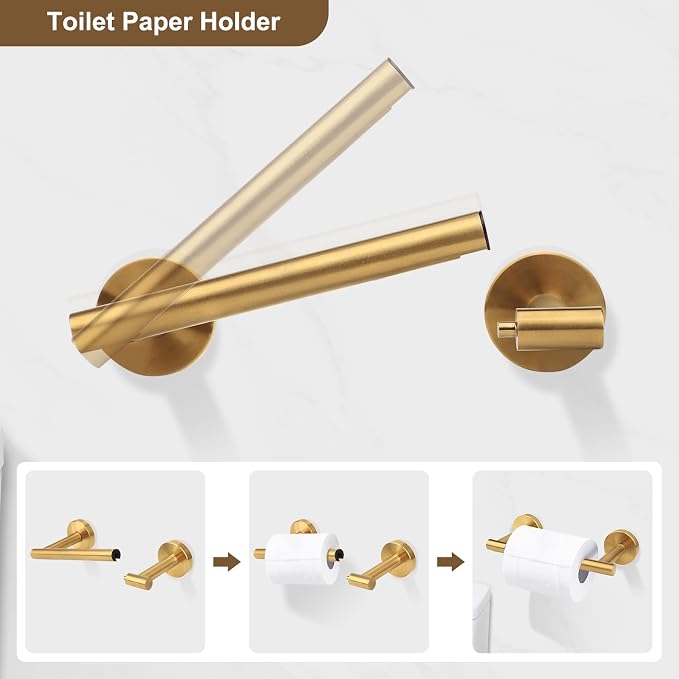 Brushed Gold Toilet Paper Holder Set, Stainless Steel Towel Ring, Double Post - Image 3