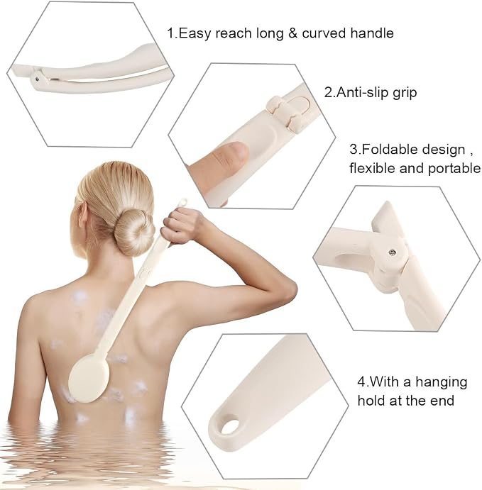 LFJ 19" Long Handle Shower Sponge Brush Set, 3 in 1 Body Brush, Bath Sponge and - Image 3