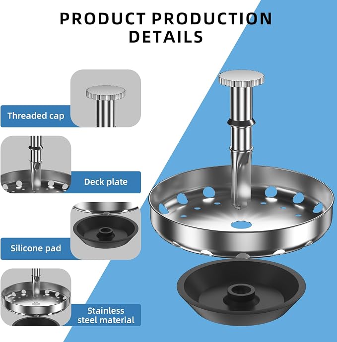 Kitchen Sink Strainer Basket, Stainless Steel, 3-1/2 Inch Drain Stopper Combo - Image 3