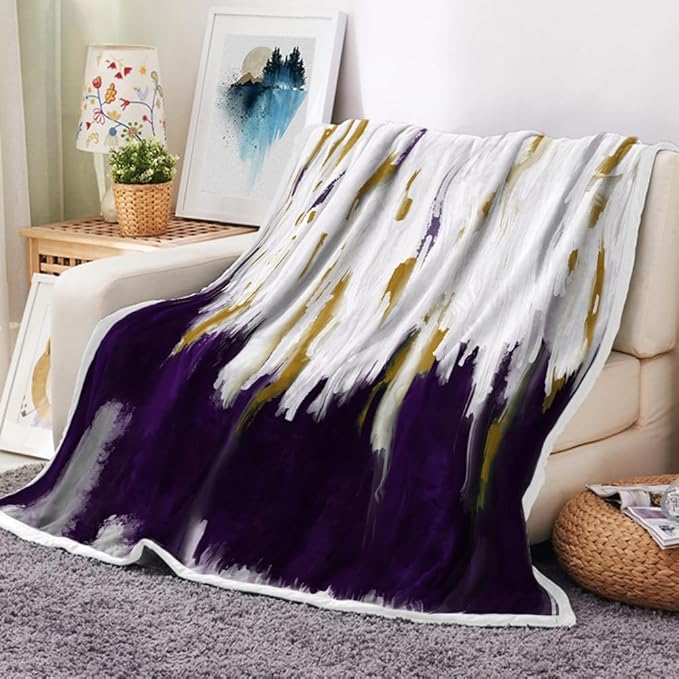 Abstract Ombre Throw Blankets, Modren Chic Art Oil Painting Cozy Warm Bed Couch Blanket, Purple Gold White Fleece Flannel Throws to Decorate The Room and Bedroom