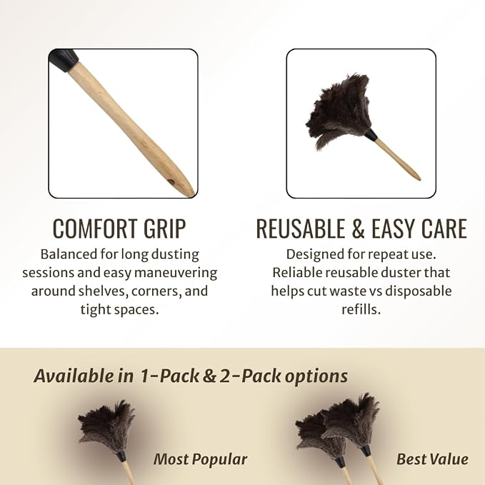 Feather Duster with Ostrich Feathers Wooden Handle 14" – Natural Reusable Duster - Image 6