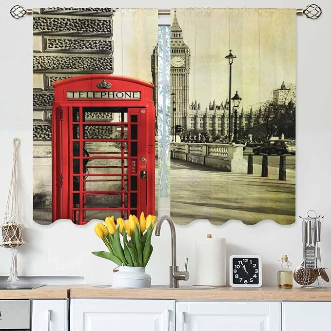 London Kitchen Curtains City Red Telephone Booth Big Ben Retro Romantic by Unknown