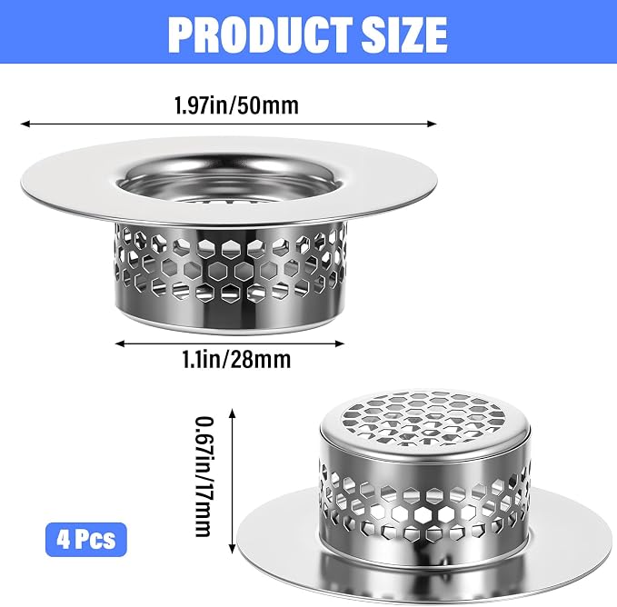 4 Pcs Bathroom Sink, Bathtub Drain Cover Drain Strainer Hair Catcher Stainless - Image 2