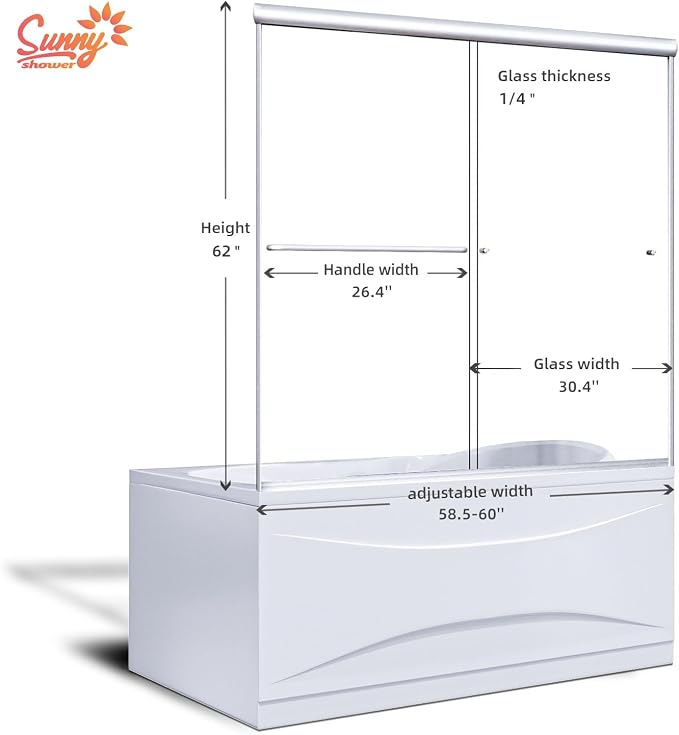 SUNNY SHOWER Bathtub Shower Door 60" W x 62" H Semi-Frameless Double Sliding - Image 3