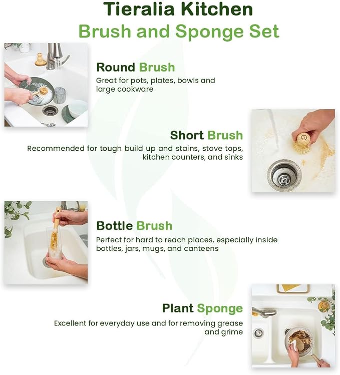 Tieralia Bamboo Dish Brush Gift Set – 5-Piece Kitchen Cleaning Set - Image 6