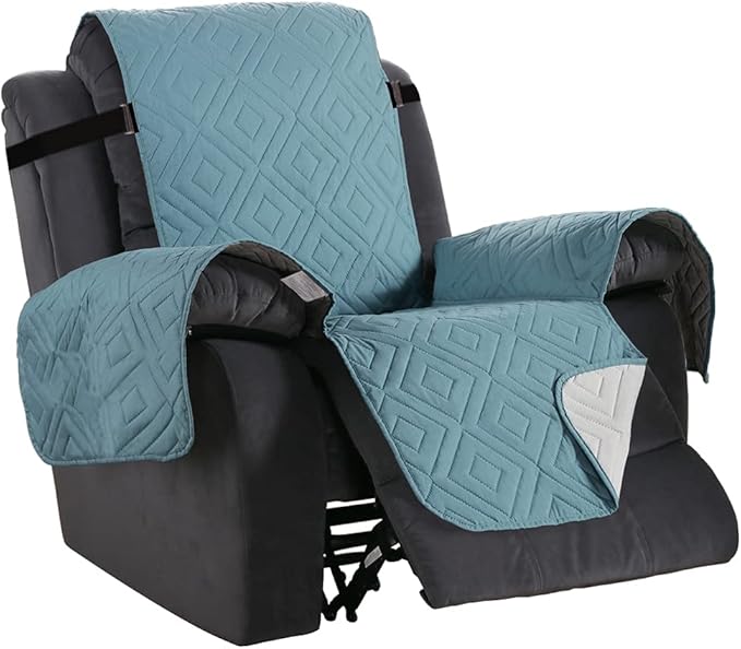 H.VERSAILTEX Reversible Quilted Recliner Covers Water Resistant Furniture Protector for Reclienr Chair with Elastic Straps for Pets Kids Sitting Width Up to 28"(Oversized Recliner, Cameo Blue/Beige)