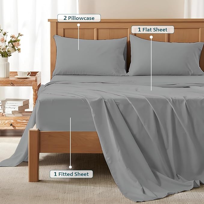 California King Sheet Set - Luxury 338 Thread Count 100% Egyptian Cotton Sateen, Deep Pocket Sheets with All Around Elastic for a, Hotel Quality Bedding Set (Light Grey Solid)