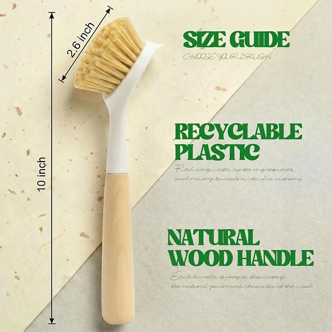 Dish Brush with Handle Wood Built-in Scraper, Scrub Brush - Image 5