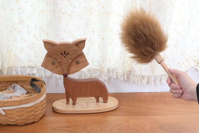 Cute Little Fox for Home Office Decor Small Wooden Feather Duster Lambswool - Image 3
