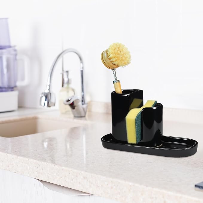 Geelin 3 in 1 Ceramic Kitchen Sink Caddy Dish Sponge Holder Scrub Brush Holder - Image 6