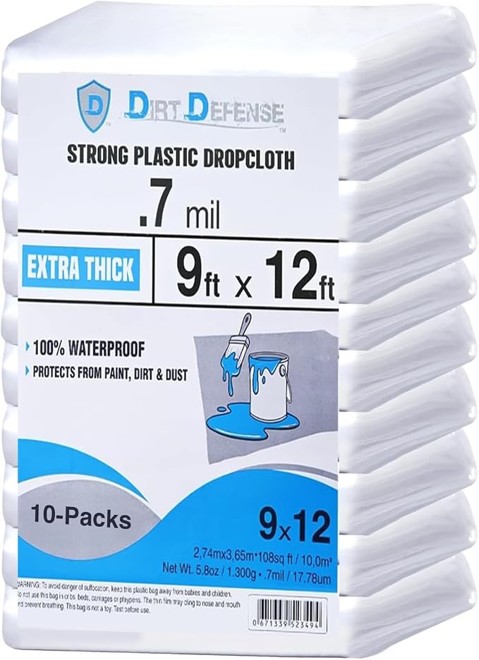 Dirt Defence Plastic Drop Cloth, 9x12 Ft 10 Pack Plastic Sheeting by DIRT+DEFENSE