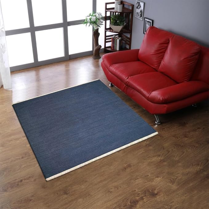 Rugsotic Carpets Hand Woven Flat Weave Kilim Wool ECO-Friendly Area Rugs - 6'x6', Square Shape, Blue Color, Solid Plain Design, Low Pile Handmade Area Rugs for Living Room, Bed Room (D00111)