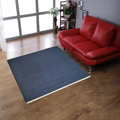 Rugsotic Carpets Hand Woven Flat Weave Kilim Wool ECO-Friendly Area Rugs - 6'x6', Square Shape, Blue Color, Solid Plain Design, Low Pile Handmade Area Rugs for Living Room, Bed Room (D00111)