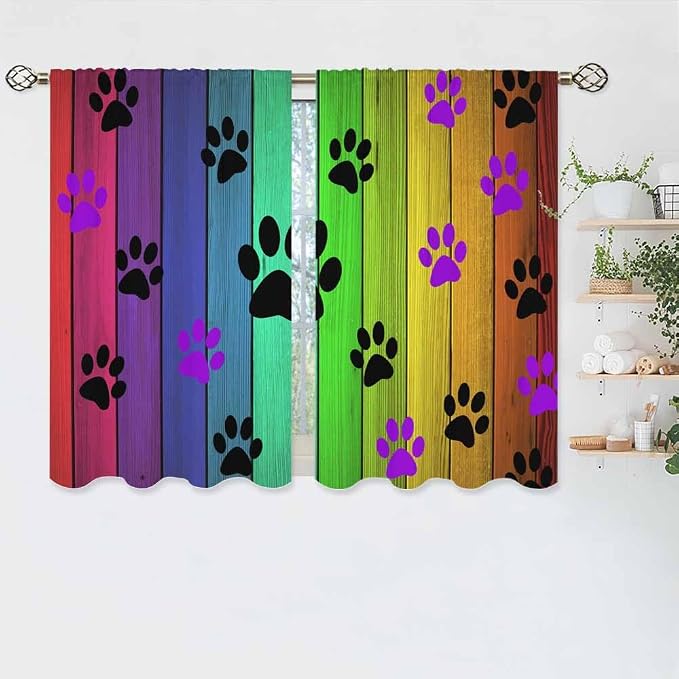 Dog Paws Kitchen Curtains Cute Puppy Paws Colorful Wood Board Short Tier - Image 5