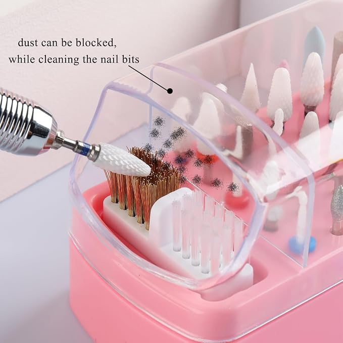 2 in 1 Pink Nail Drill Bit Holder and Nail Drill Bits Cleaner Brush Case - Image 4