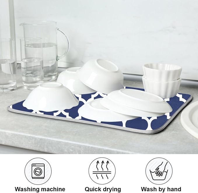 Navy Blue Trellis Lattice Dish Drying Mat - Image 7