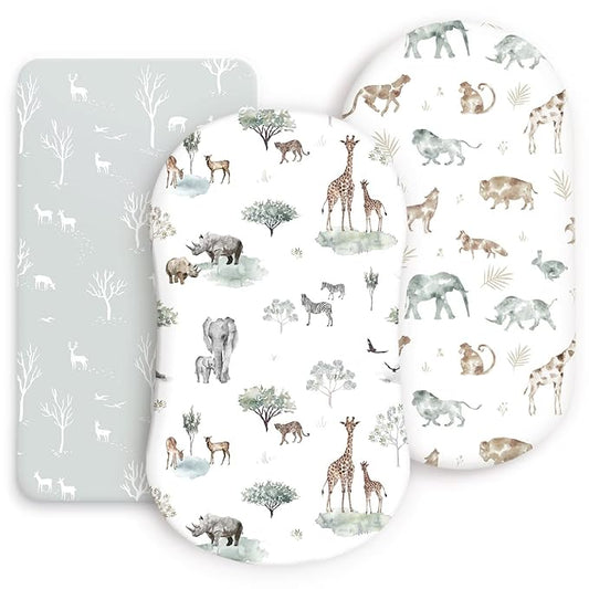 Ultra Soft Fitted Bassinet Sheets 3 Pack, Universal Fitted for.Baby Cradle Moses Basket Oval Rectangle Mattress Safe and Snug, Stylish Bassinet Mattress Sheets for Baby, Cute Animals Print
