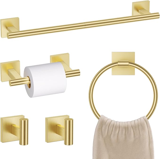 Brushed Gold Bathroom Hardware Towel Bar Set, 5 Pieces Double Dase Toilet Paper by SOAEZ