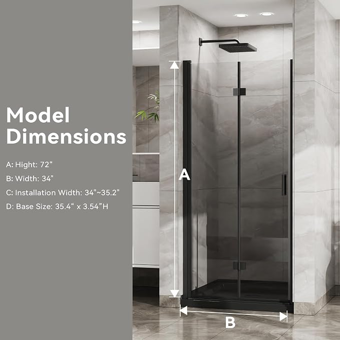 Frameless Bi-Fold Shower Door 34" W x 72" H, 1/4" Clear Tempered Glass - Image 6
