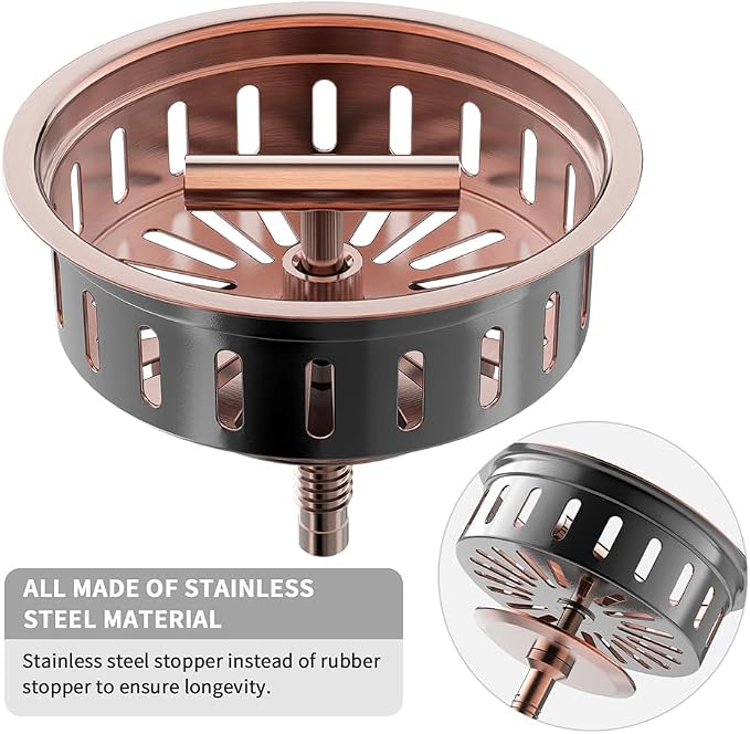 KONE Copper Sink Drain 3.5 Inch Kitchen Sink Drain Assembly Stainless Steel - Image 2