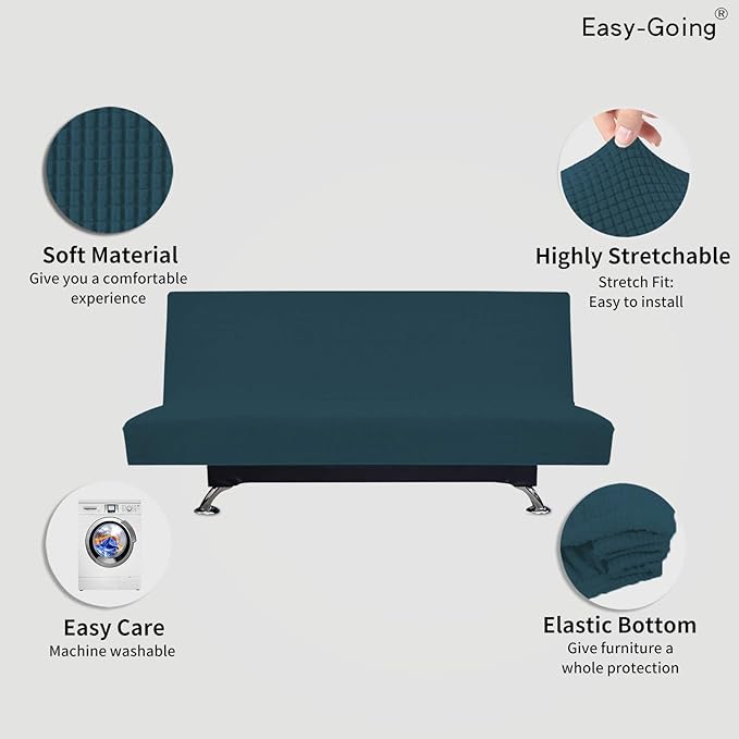 Easy-Going Stretch Futon Slipcover Armless Futon Bed Cover Furniture Protector Without Armrests with Elastic Bottom for Kids, Soft Jacquard Fabric Small Checks (Large, Deep Teal)